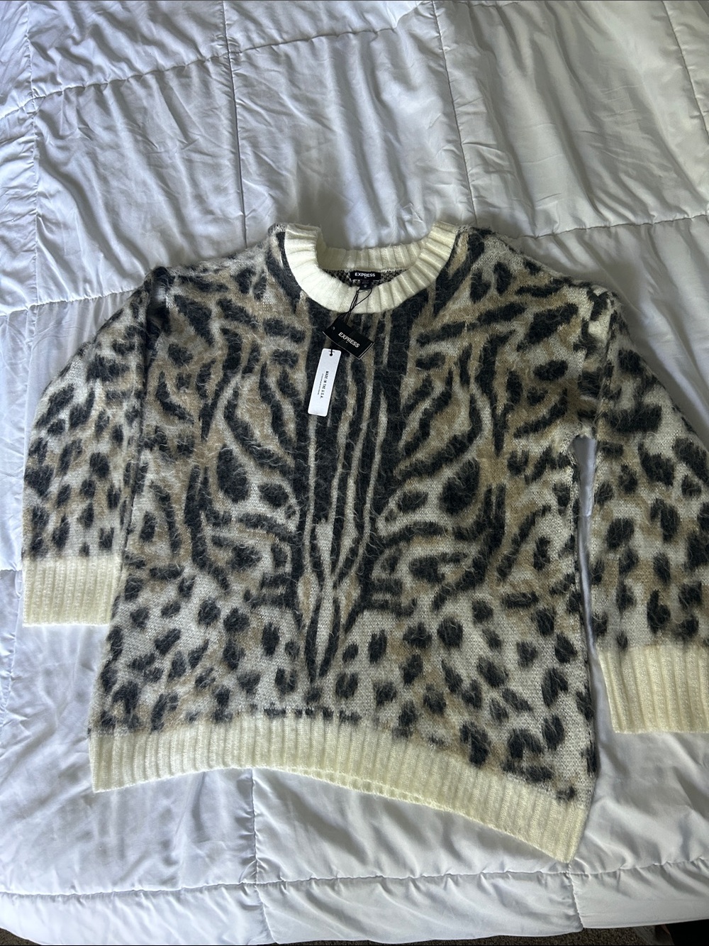 Express Cream and Black Leopard-Print Fuzzy Crew Sweater